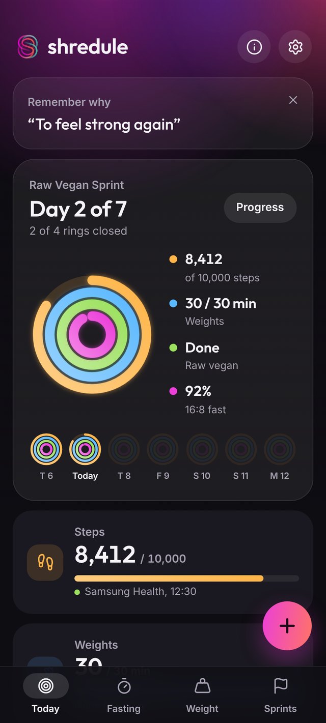 Today screen showing progress on steps, weights, diet and fast
